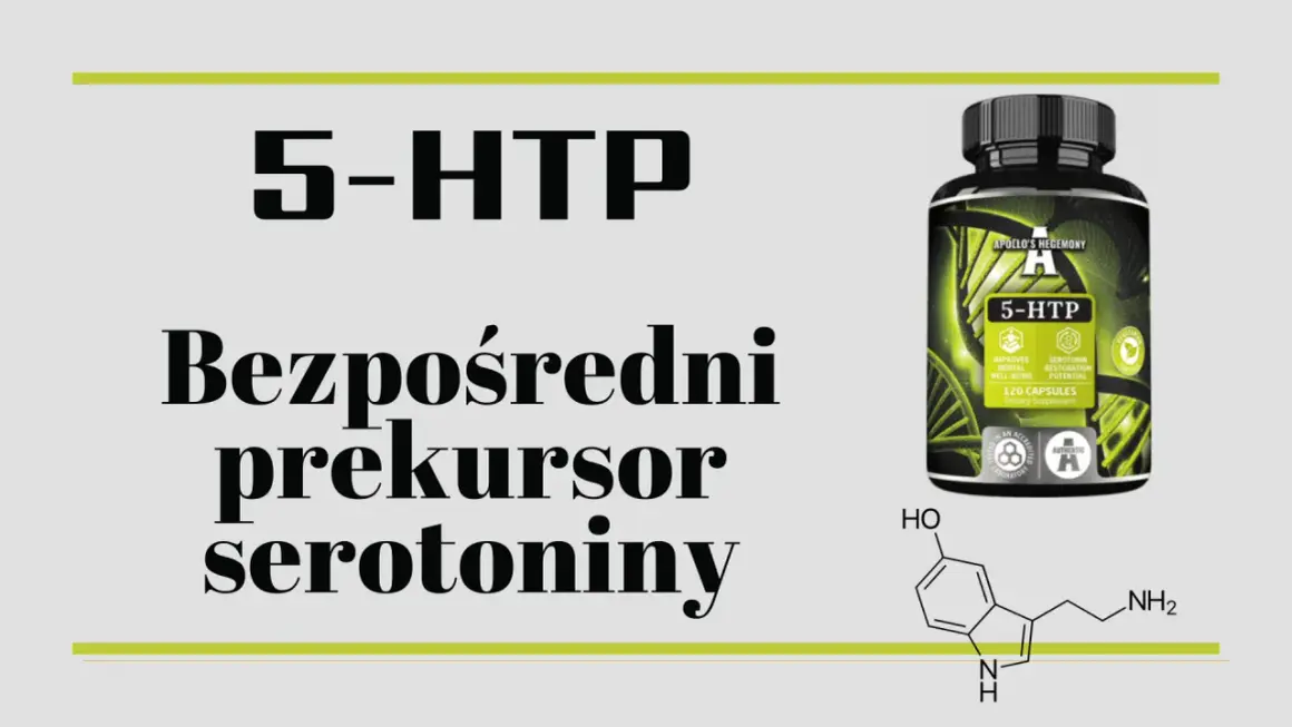 5-HTP - bezpośredni prekursor serotoniny. Na zdjęciu butelka suplementu i wzór chemiczny.