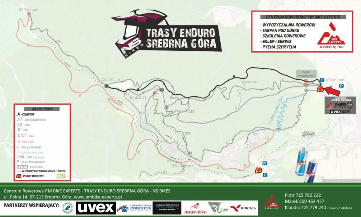 Mapa tras rowerowych Srebrna Góra. Centrum Rowerowe PM Bike Experts oferuje wypożyczalnię, szkolenia i serwis.