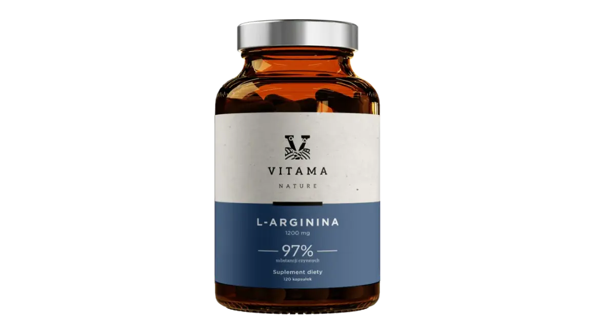 Szklana butelka z suplementem diety L-Arginina 1200 mg. W czym jest arginina? W kapsułkach, które wspierają organizm.
