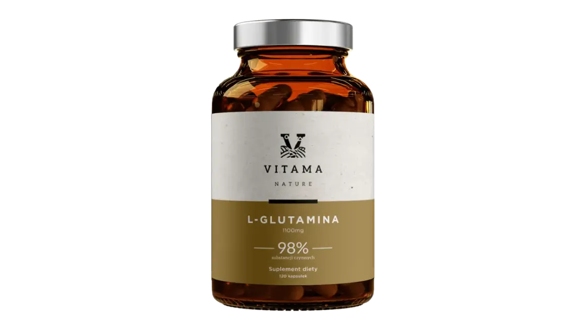 Butelka suplementu diety L-Glutamina 1100mg, 98% substancji czynnych. Wspiera regenerację i odporność.