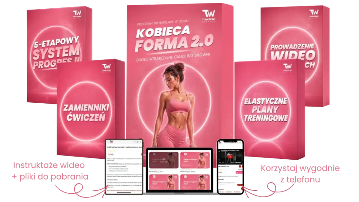 Kobieta endomorfik w różowym stroju sportowym na tle materiałów treningowych. Program "Kobieca Forma 2.0" oferuje plany, wideo i zamienniki ćwiczeń.
