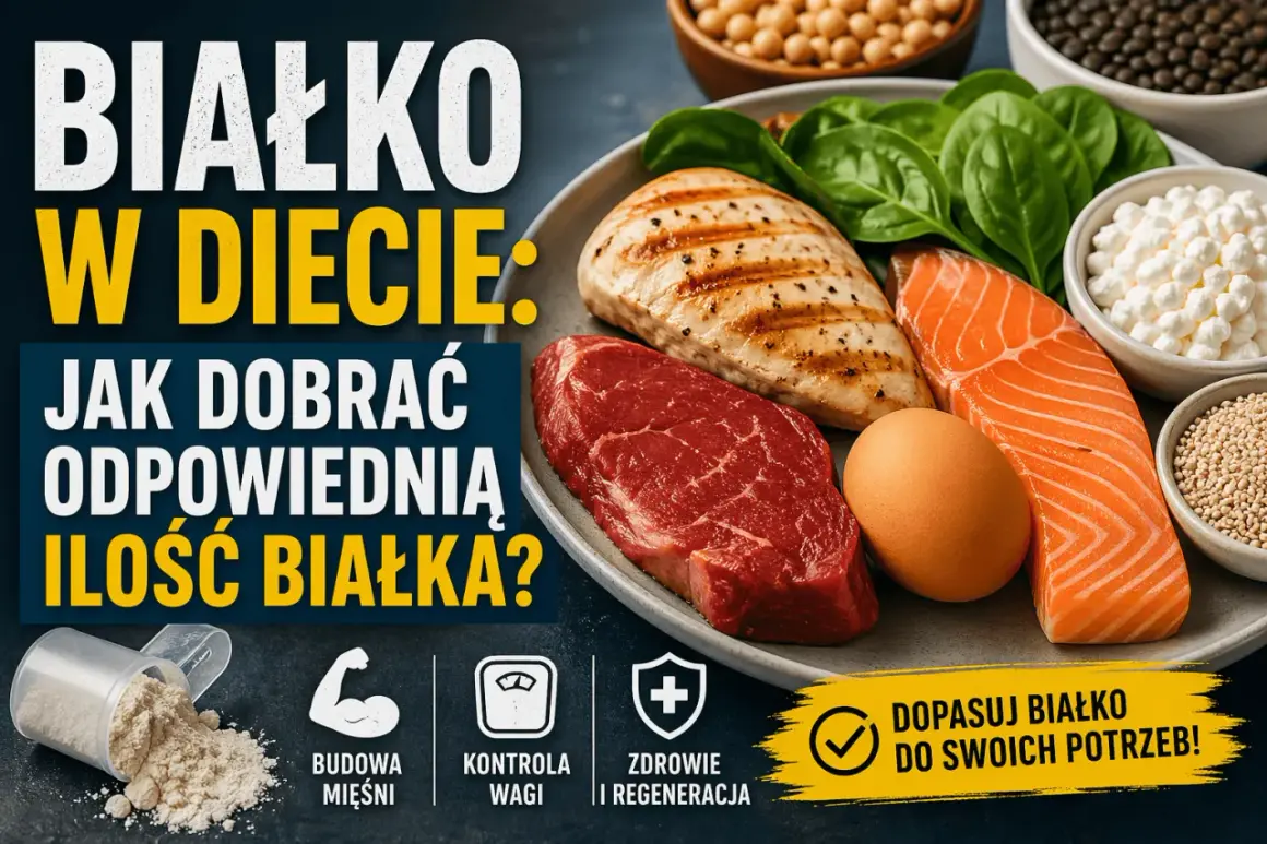 Białko w diecie: jak dobrać odpowiednią ilość? Na talerzu mięso, ryba, jajko, nabiał i szpinak. Obok odżywka białkowa i ikony: budowa mięśni, kontrola wagi, zdrowie i regeneracja.