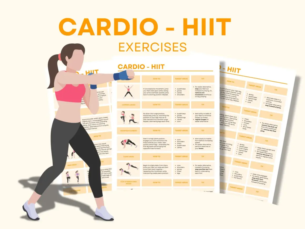 Kobieta w stroju sportowym, plansza z ćwiczeniami HIIT. Szukasz inspiracji na jaki trening na redukcje?