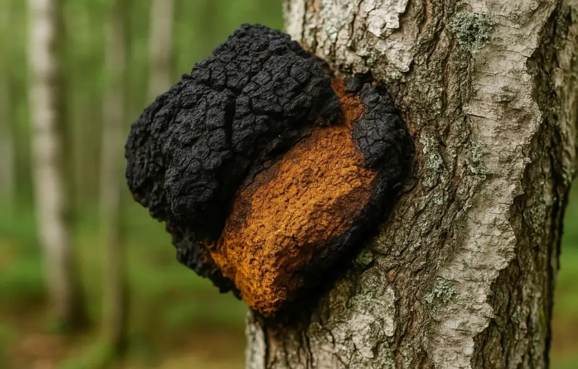 Czarny, chropowaty grzyb chaga rośnie na pniu brzozy. Jego pomarańczowe wnętrze sugeruje bogactwo cennych właściwości.