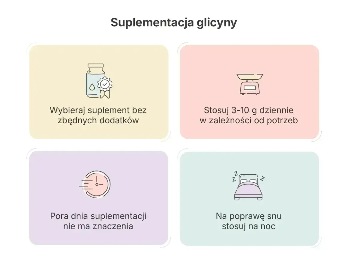 Glicyna dawkowanie: 3-10 g dziennie, bez dodatków. Pora dnia nie ma znaczenia, ale na sen stosuj na noc.
