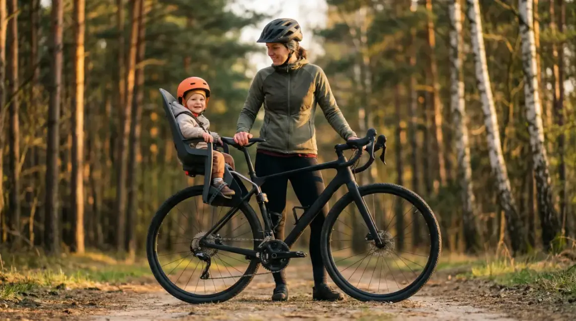 Szczęśliwe dziecko w foteliku rowerowym, gotowe na przygodę. Sprawdź nasz fotelik rowerowy ranking, by wybrać najlepszy model!
