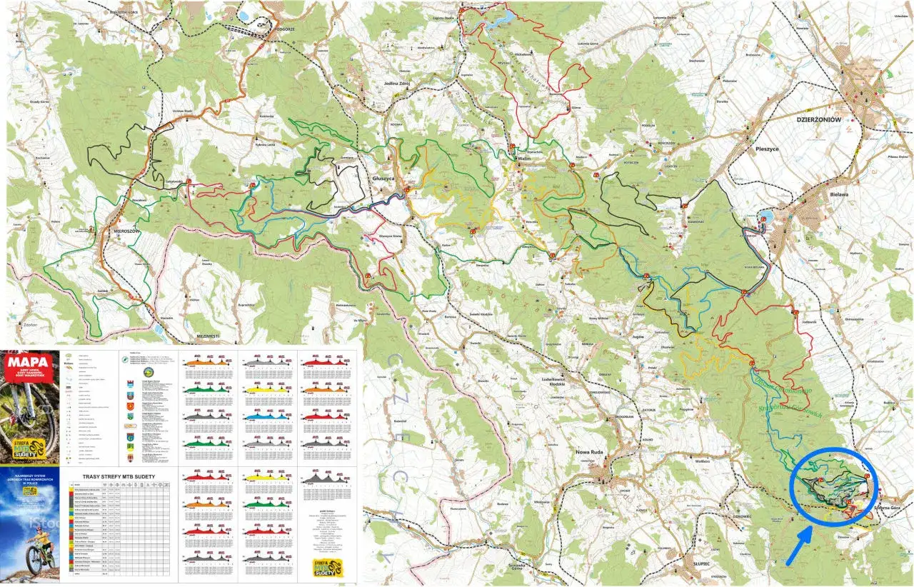 Mapa tras rowerowych w Górach Sowich, z zaznaczonymi ścieżkami wokół Srebrnej Góry.