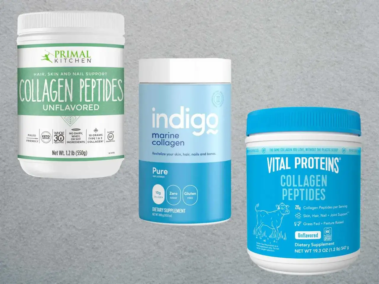 Trzy opakowania suplementów: kolagen rybi Primal Kitchen, indigo marine collagen i Vital Proteins Collagen Peptides.