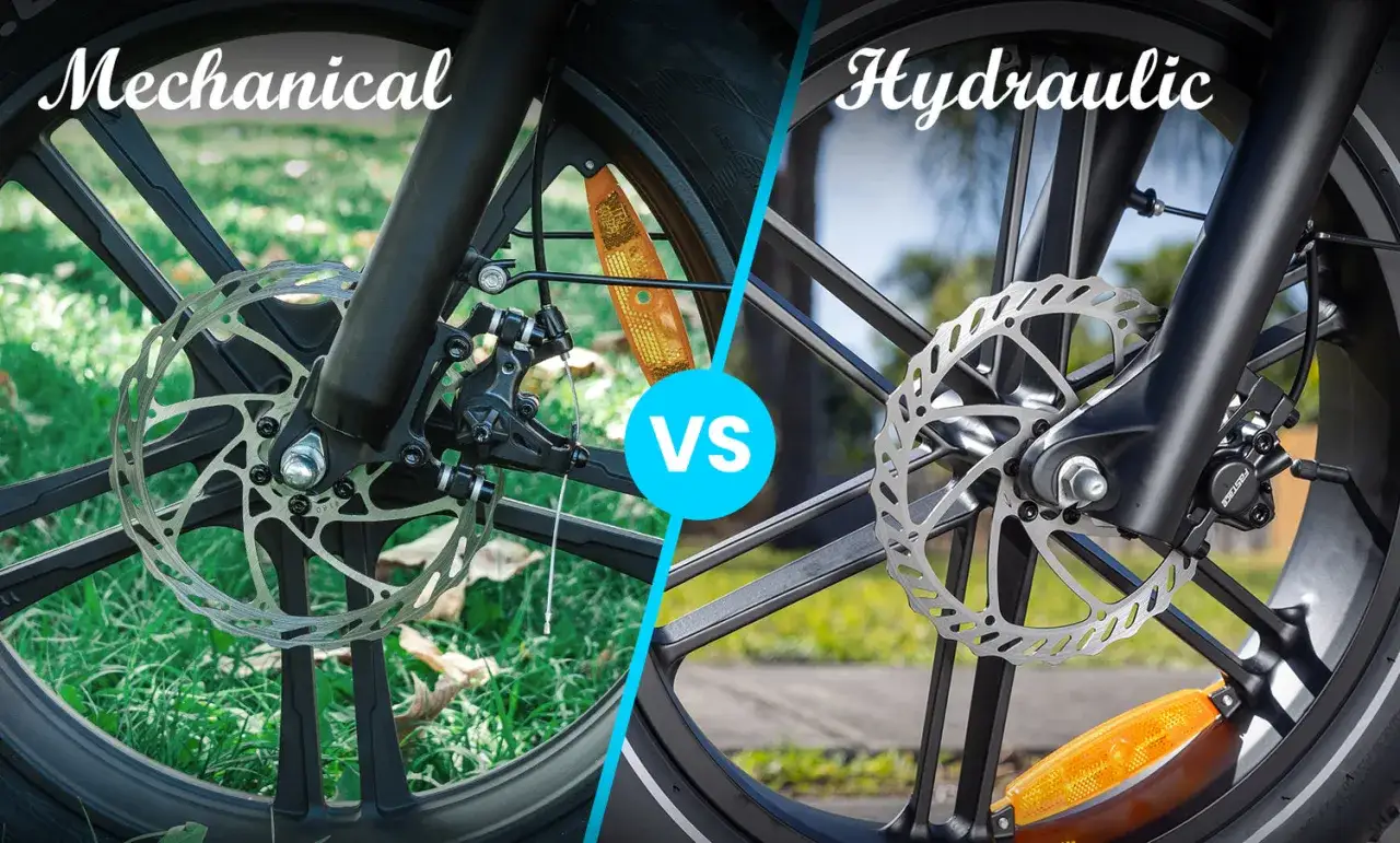 Porównanie rodzajów hamulców rowerowych: mechaniczne vs. hydrauliczne. Widok na tarczę i zacisk hamulcowy.
