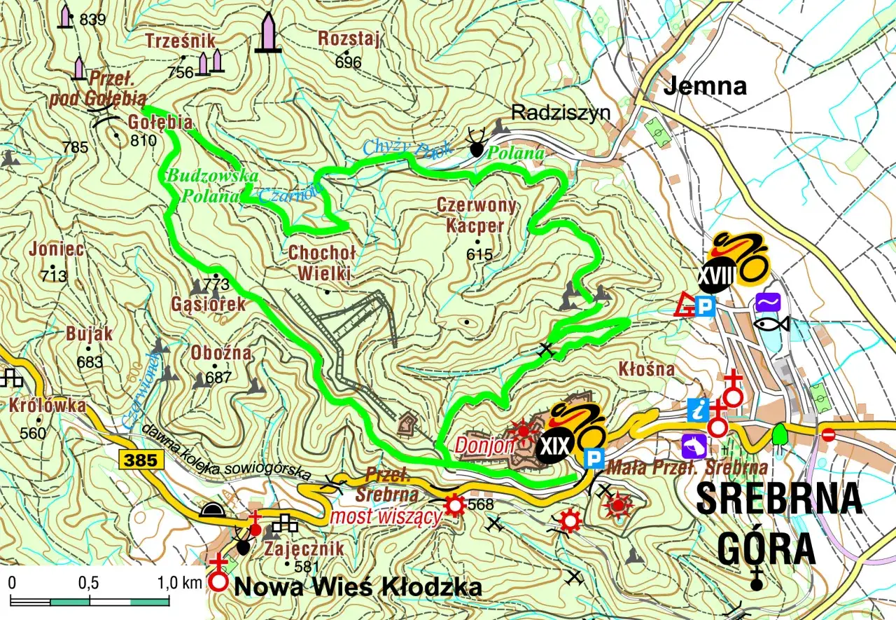 Mapa turystyczna Srebrna Góra z zaznaczonymi trasami rowerowymi, szlakami i punktami widokowymi.