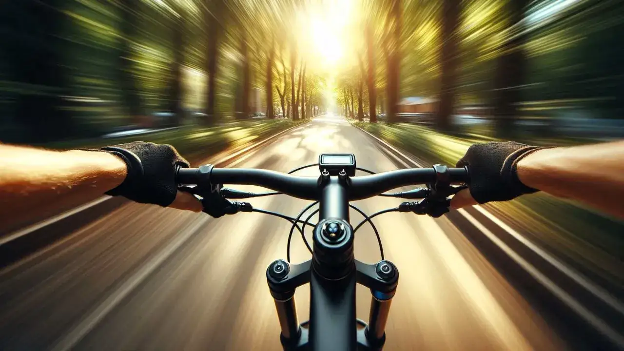 Rowerzysta w rękawiczkach trzyma kierownicę, jadąc szybko aleją drzew. Idealna kierownica do roweru trekkingowego zapewnia komfort i kontrolę.