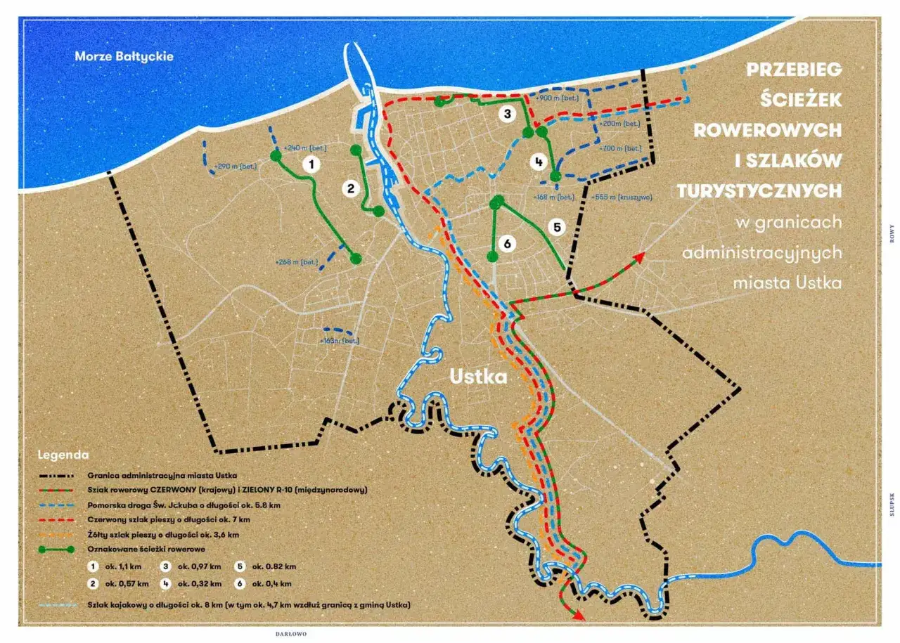 Mapa przedstawia przebieg tras rowerowych i szlaków turystycznych w granicach administracyjnych miasta Ustka.