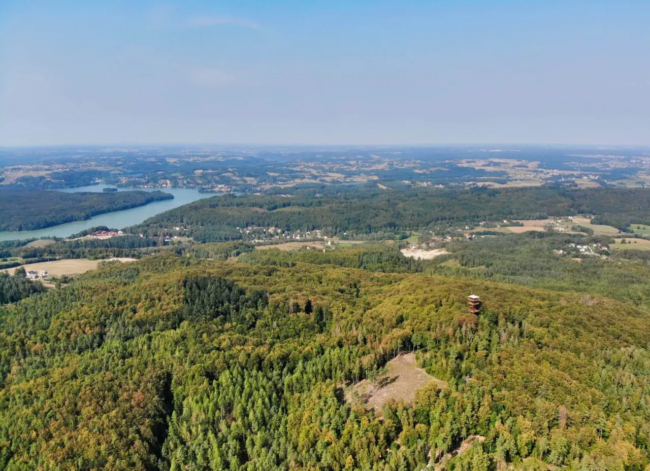 Widok z lotu ptaka na jezioro, lasy i wieżę widokową w Kujawsko-Pomorskiem.