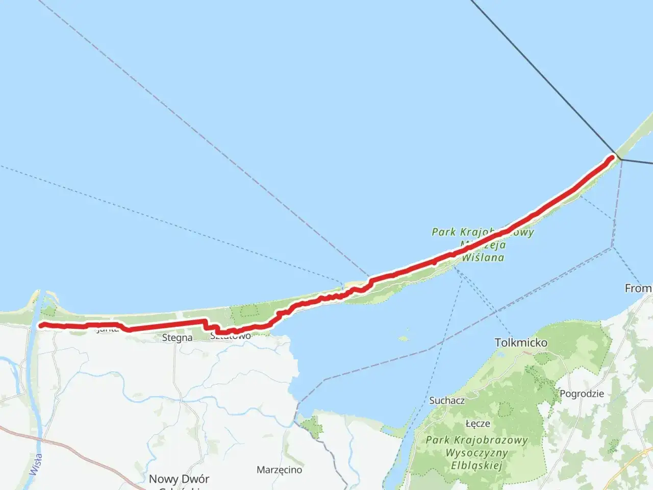 Mapa przedstawia trasę rowerową nad morzem, biegnącą przez Park Krajobrazowy Mierzeja Wiślana.