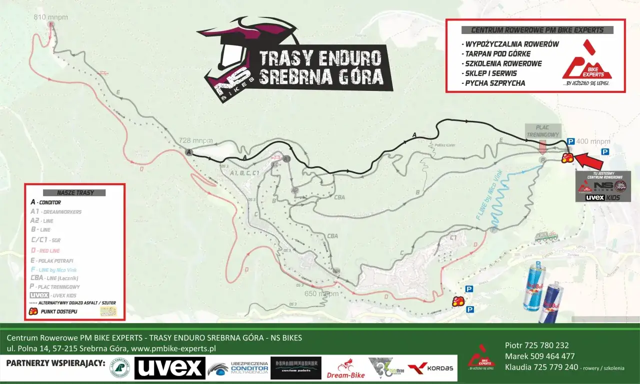 Mapa tras rowerowych Srebrna Góra. Centrum Rowerowe PM Bike Experts oferuje wypożyczalnię, szkolenia i serwis.