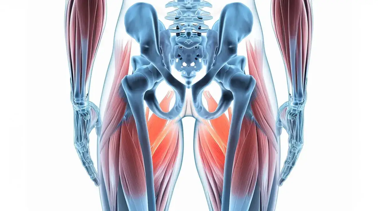 Anatomia miednicy i mięśni udowych, ilustracja pokazująca, jak ćwiczyć mięśnie kegla na siedząco.