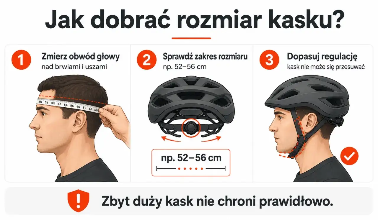 Jak zmierzyć głowę do kasku? Zmierz obwód nad brwiami i uszami, sprawdź zakres rozmiaru kasku, dopasuj regulację.