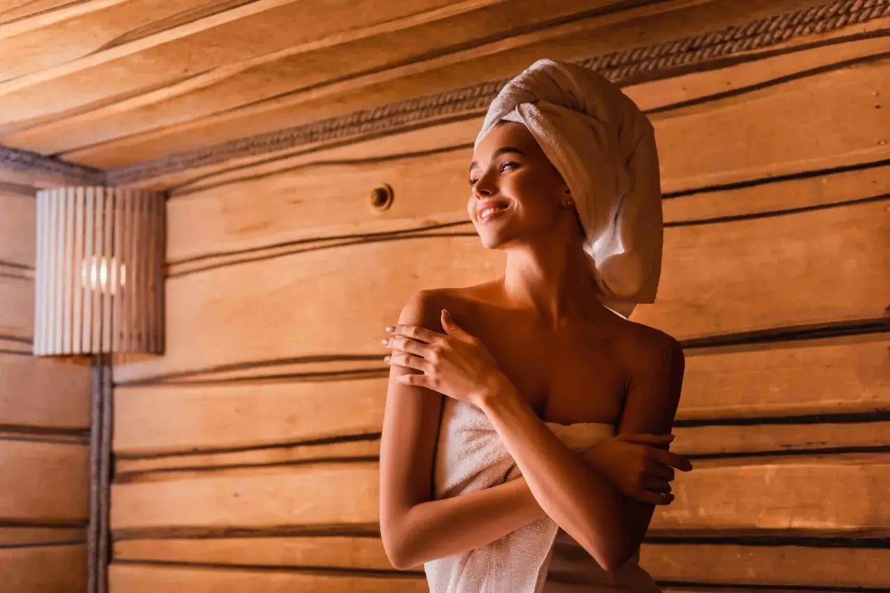 Uśmiechnięta kobieta w ręczniku w saunie. Zastanawia się, co daje sauna po treningu: relaks, regenerację i oczyszczenie.