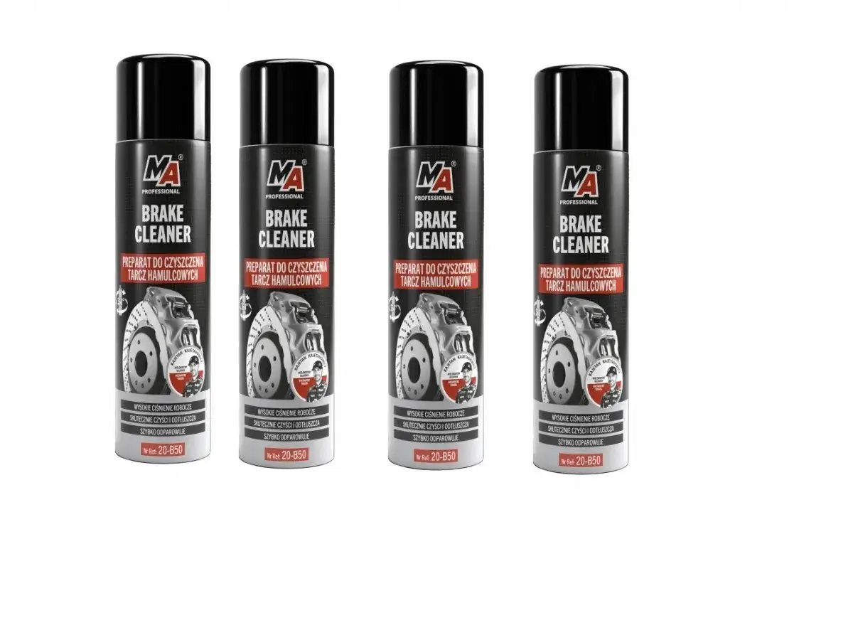 Cztery puszki preparatu MA Professional Brake Cleaner. Idealny do tego, czym odtłuścić tarcze hamulcowe w rowerze, skutecznie czyści i odtłuszcza.