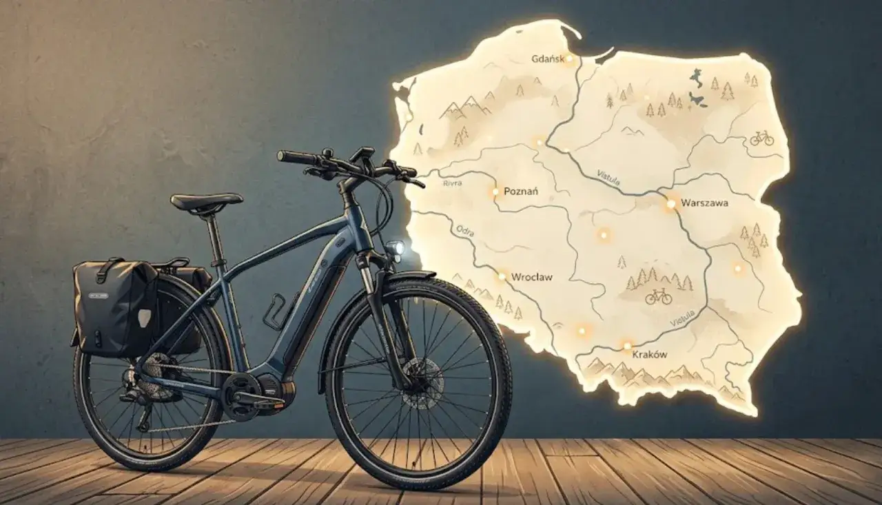 Czy rower elektryczny jest pojazdem mechanicznym? Ten rower z sakwami obok mapy Polski sugeruje podróż po kraju.