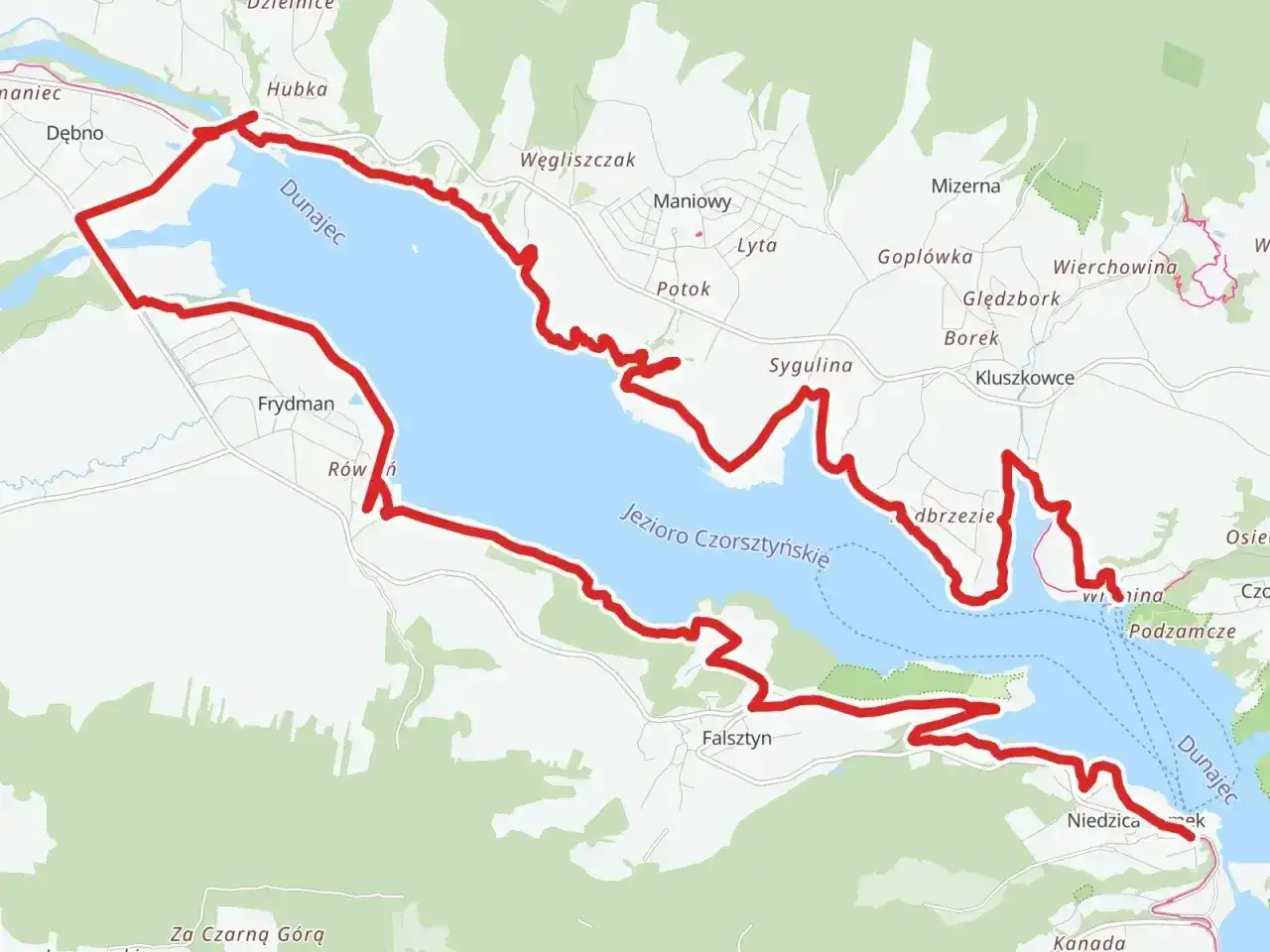 Mapa tras rowerowych Małopolska wokół Jeziora Czorsztyńskiego. Czerwona linia wyznacza malowniczą pętlę.