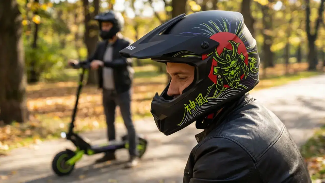 Kask na hulajnodze elektrycznej to podstawa bezpieczeństwa. Mężczyzna w kasku z motywem samuraja i drugi na hulajnodze w tle.