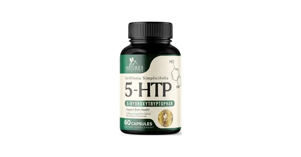 Buteleczka suplementu diety 5-HTP od Nature's Nutrition. Wspiera zdrowie mózgu i sen.