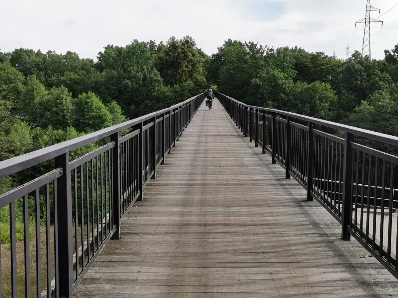 Drewniany most z czarną balustradą, po którym jedzie rowerzysta, otoczony zielonym lasem.