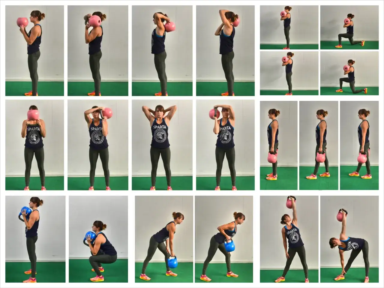 Kobieta wykonuje ćwiczenia z kettlebell: przysiady, wykroki, martwy ciąg. Efektywny trening funkcjonalny.