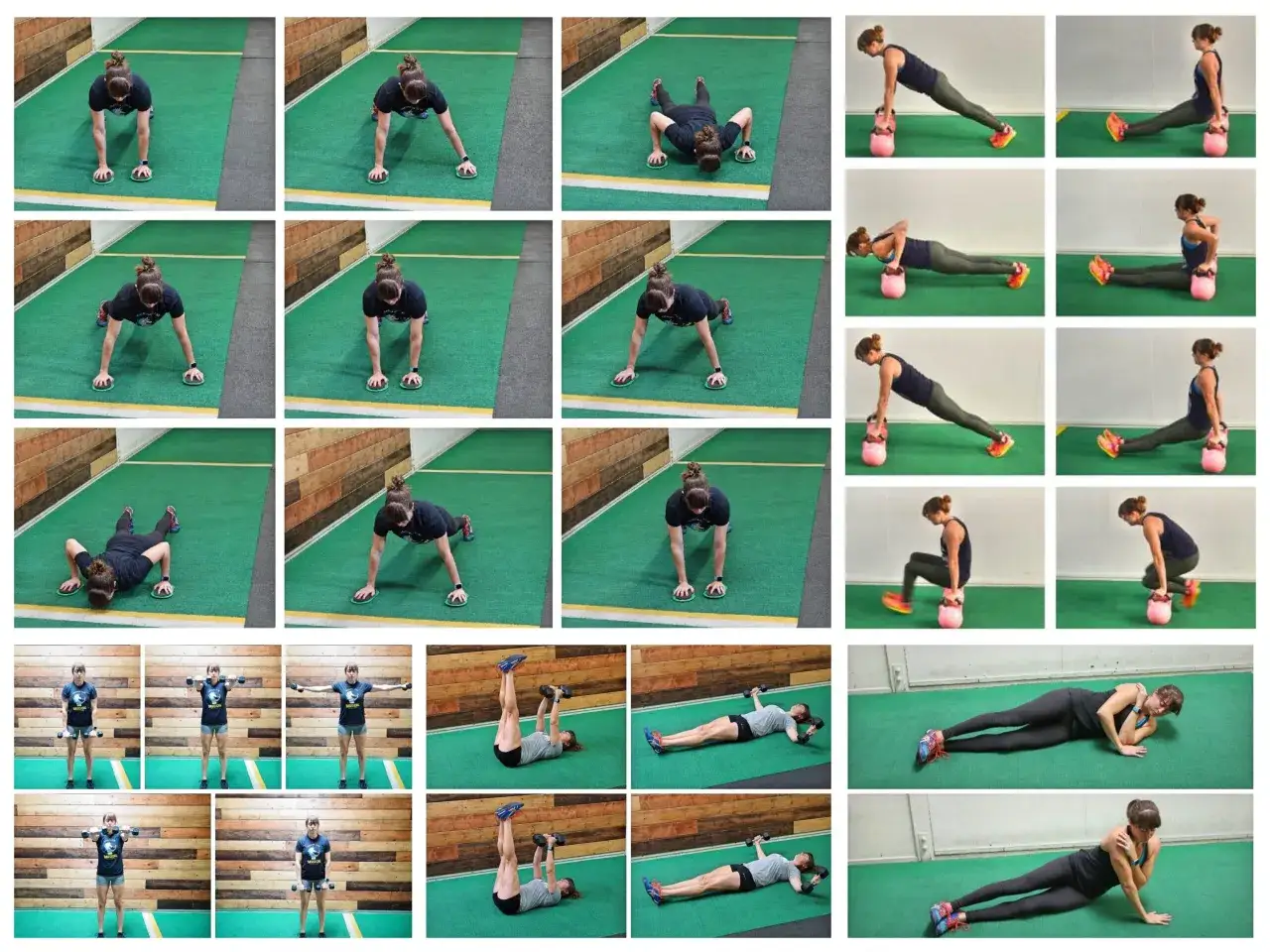Kobiety wykonują ćwiczenia siłowe: pompki na ślizgaczach, ćwiczenia z kettlebell i hantlami. To świetny trening push!