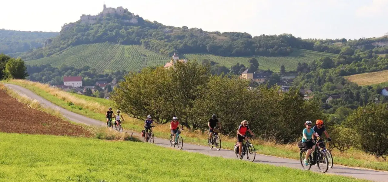 Grupa rowerzystów przemierza malownicze trasy rowerowe Czech, podziwiając winnice i ruiny zamku na wzgórzu.