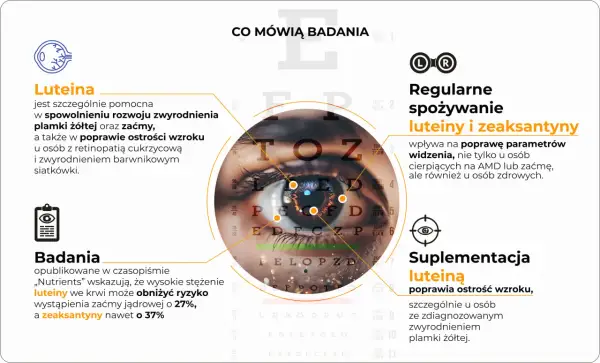 Badania wskazują, że luteina i zeaksantyna poprawiają wzrok, obniżając ryzyko zwyrodnienia plamki żółtej o 37%.