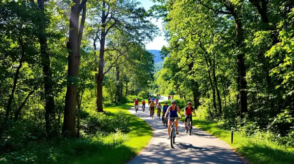 Grupa rowerzystów przemierza malownicze **Ciechocinek trasy rowerowe** wśród zielonych drzew.