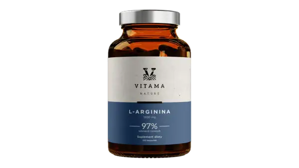 Szklana butelka z suplementem diety L-Arginina 1200 mg. W czym jest arginina? W kapsułkach, które wspierają organizm.
