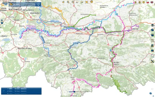 Mapa z zaznaczonymi trasami rowerowymi w okolicach Nowego Sącza i Krakowa.