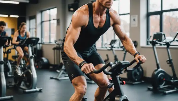 Intensywny trening aerobowy na rowerach stacjonarnych w siłowni. Mężczyzna z wyrzeźbionymi mięśniami pedałuje z determinacją.