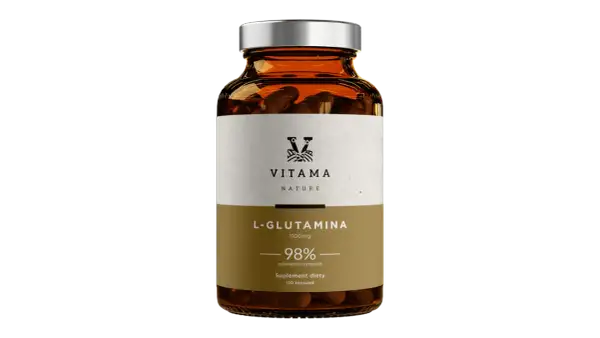 Butelka suplementu diety L-Glutamina 1100mg, 98% substancji czynnych. Wspiera regenerację i odporność.
