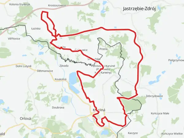 Mapa z zaznaczonymi trasami rowerowymi Małopolska, prowadzącymi przez tereny zurbanizowane i zielone.