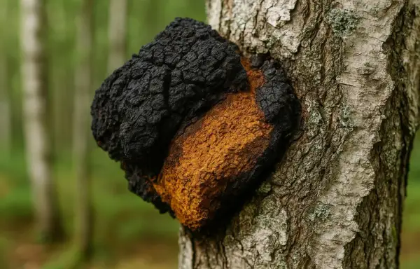 Czarny, chropowaty grzyb chaga rośnie na pniu brzozy. Jego pomarańczowe wnętrze sugeruje bogactwo cennych właściwości.