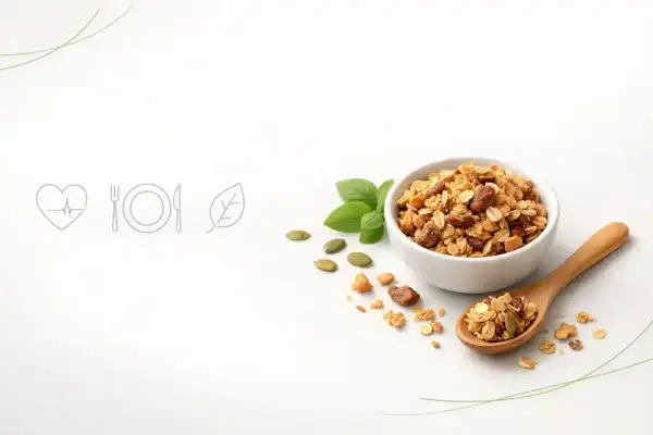Chrupiąca granola w miseczce i na łyżce, obok pestki dyni i listki bazylii. To idealny pomysł na zdrowe śniadanie.