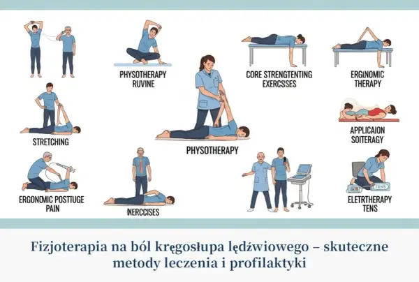 Ilustracje pokazują różne ćwiczenia po złamaniu kręgosłupa lędźwiowego: fizjoterapię, ćwiczenia wzmacniające core, rozciąganie, terapię TENS.