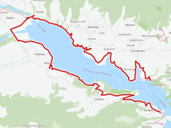 Mapa z zaznaczoną trasą rowerową wokół Jeziora Czorsztyńskiego i Dunajca. Idealna velo dunajec trasa rowerowa dla miłośników przyrody.