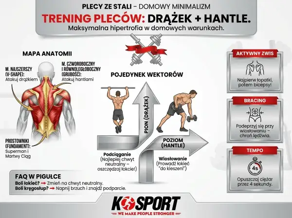 Anatomia i trening pleców: ćwiczenia na drążku i z hantlami. Podciąganie i wiosłowanie budują mięśnie.