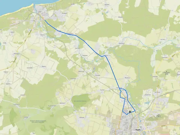 Mapa pokazuje trasy rowerowe Słupsk i okolic, łączące miasto z Ustką i innymi miejscowościami.